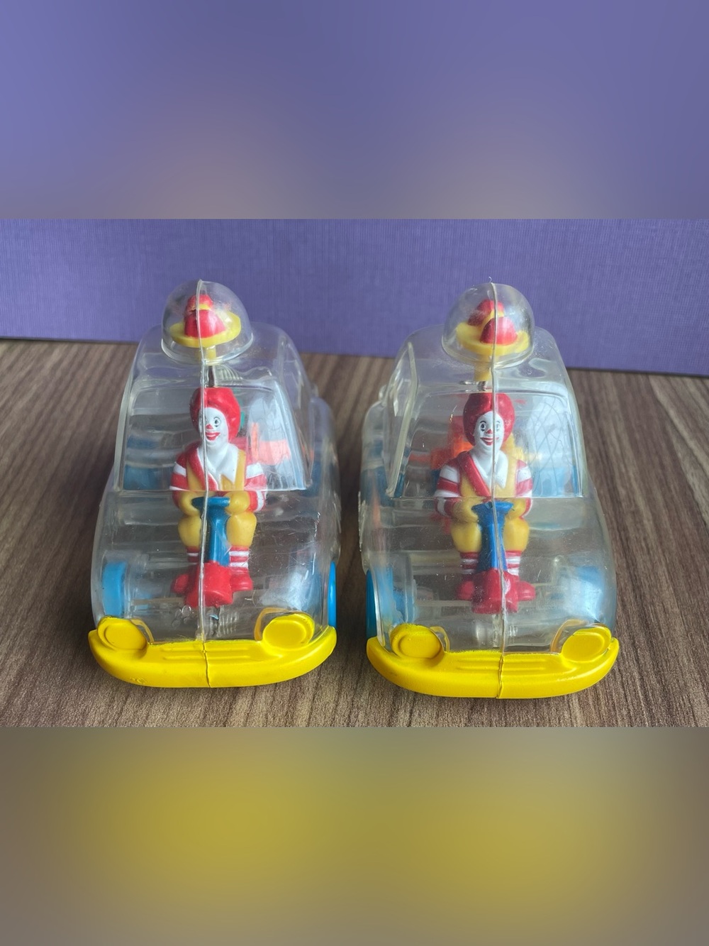 Vintage 1996 McDonald's Ronald McDonald Clear See-Thru Gear Cars Lot of 2